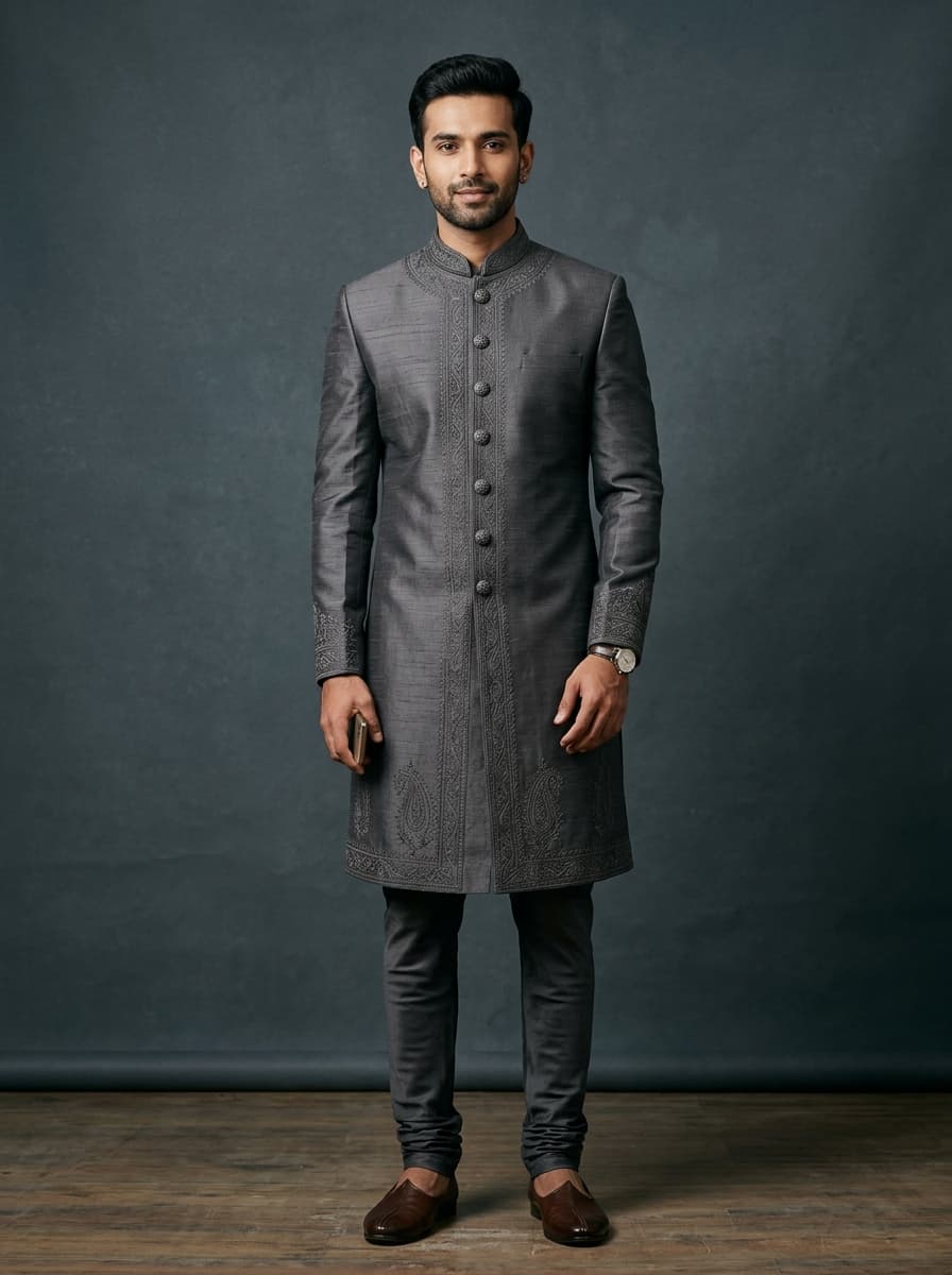 Sherwani · Slate — on-model catalogue example generated with Zeroshoot