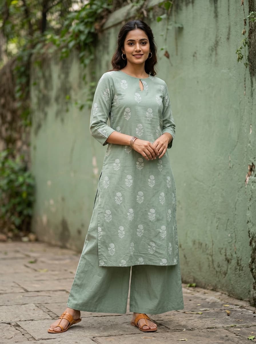 Kurti · Sage — on-model catalogue example generated with Zeroshoot