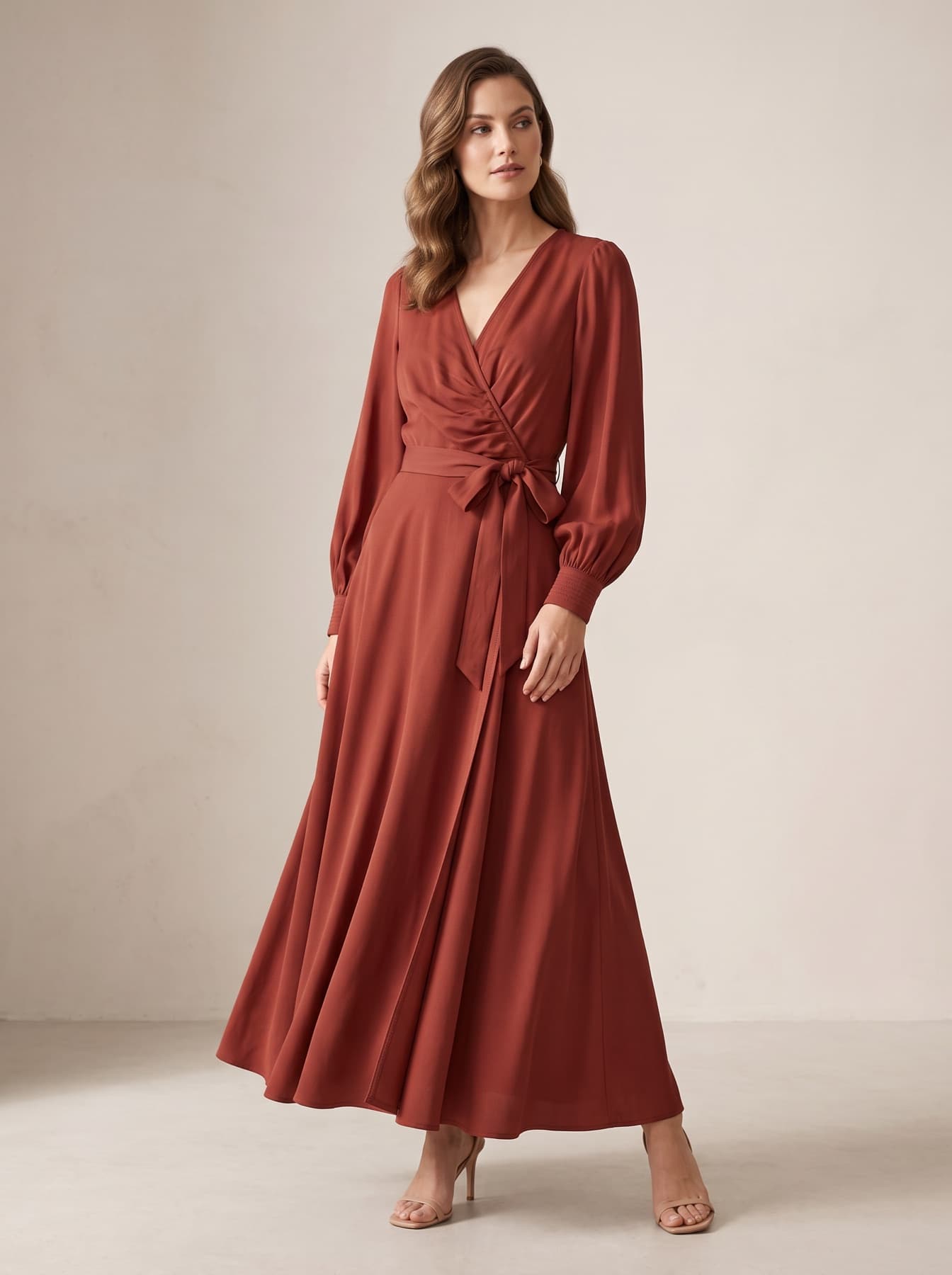 The same terracotta wrap dress on a model — Three-quarter shot